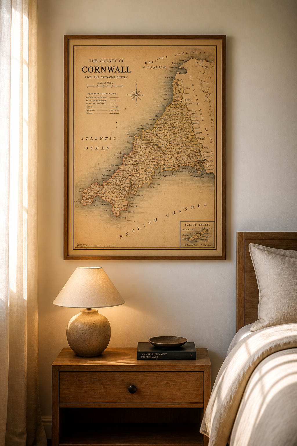 A large vintage cartographic map in sepia tones on matte fine art paper, in a thin oak frame — the warmth of historical cartography as personal and contemplative simple bedroom art.