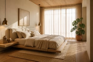 A beige bedroom aesthetic at its most refined — layered linen, wabi-sabi ceramics, and warm morning light through sheer curtains in a Japanese-minimalist inspired retreat.