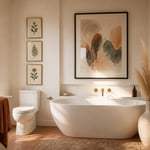 A warmly styled bathroom featuring gallery art, abstract watercolour, and a hand-thrown ceramic wall piece — when bathroom art ideas are chosen with intention, the whole room changes.