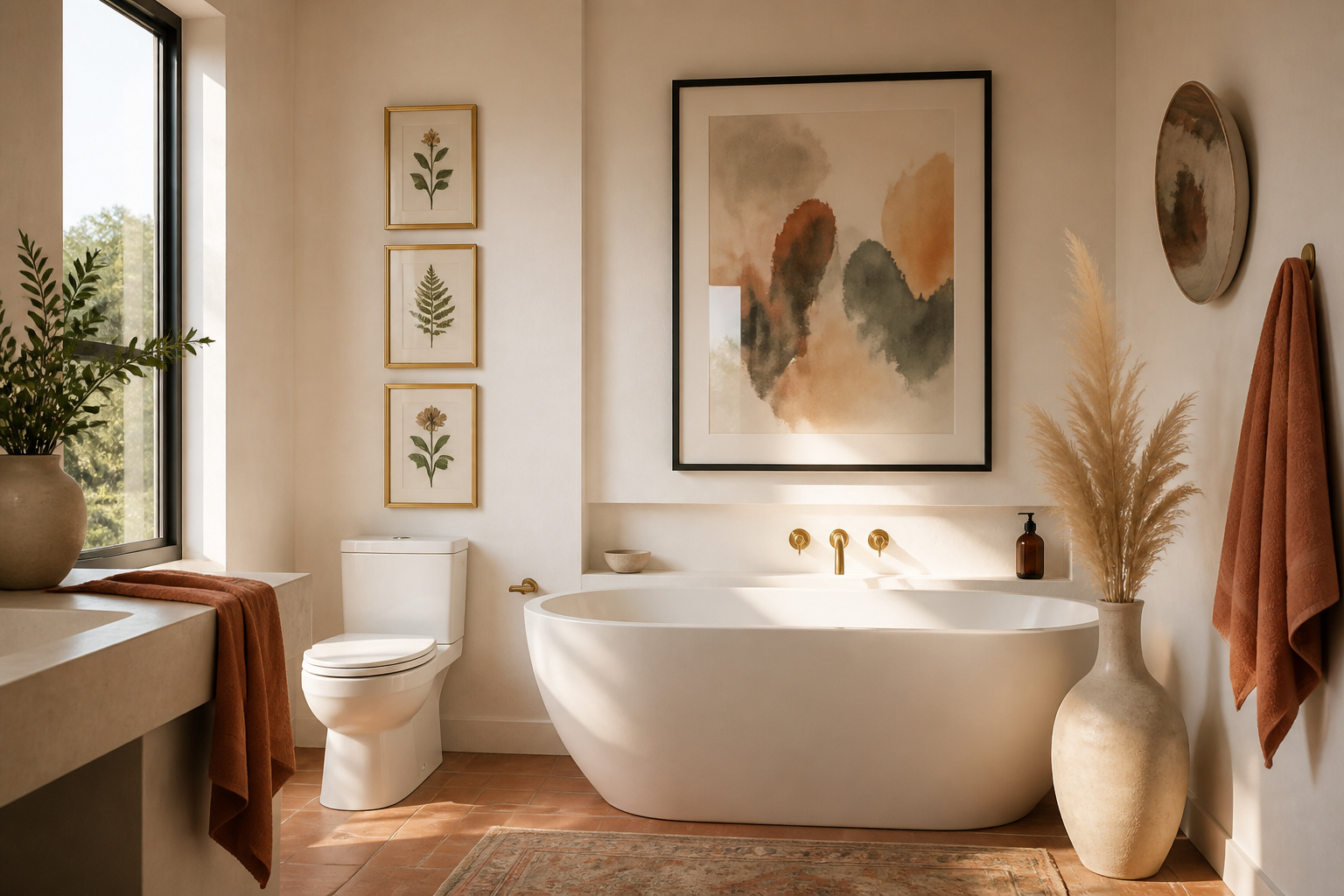 A warmly styled bathroom featuring gallery art, abstract watercolour, and a hand-thrown ceramic wall piece — when bathroom art ideas are chosen with intention, the whole room changes.