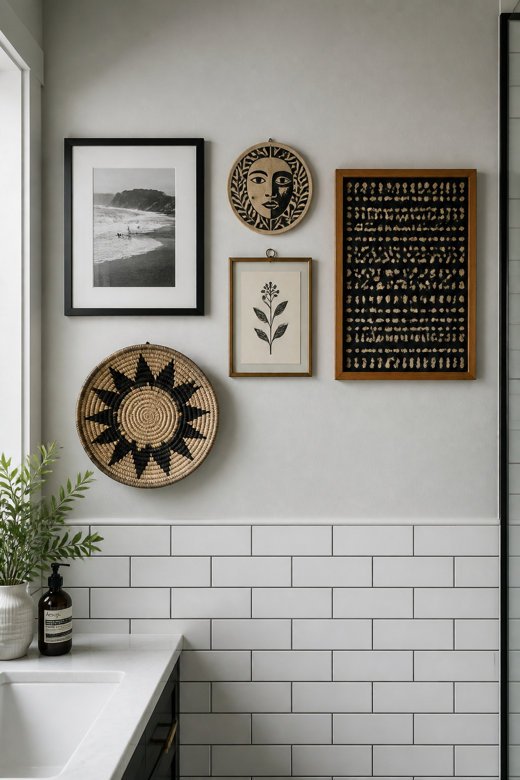 A gallery wall mixing photography, ceramic, textile, and botanical art — this approach to bathroom art ideas creates a display that reads as collected over time rather than purchased in one session.