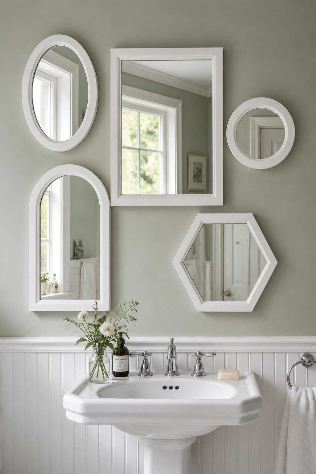 A cluster of five vintage mirrors in unified white frames — mirror clusters are the bathroom art ideas that simultaneously function as décor and light multipliers.