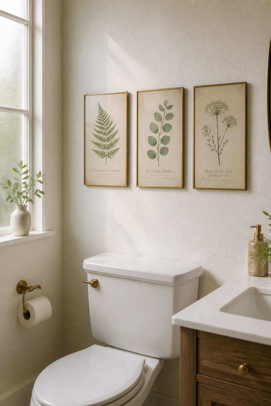 A trio of framed vintage botanical watercolour prints in brass frames creates a quietly considered anchor above the toilet — the simplest of all bathroom art ideas and one of the most effective.