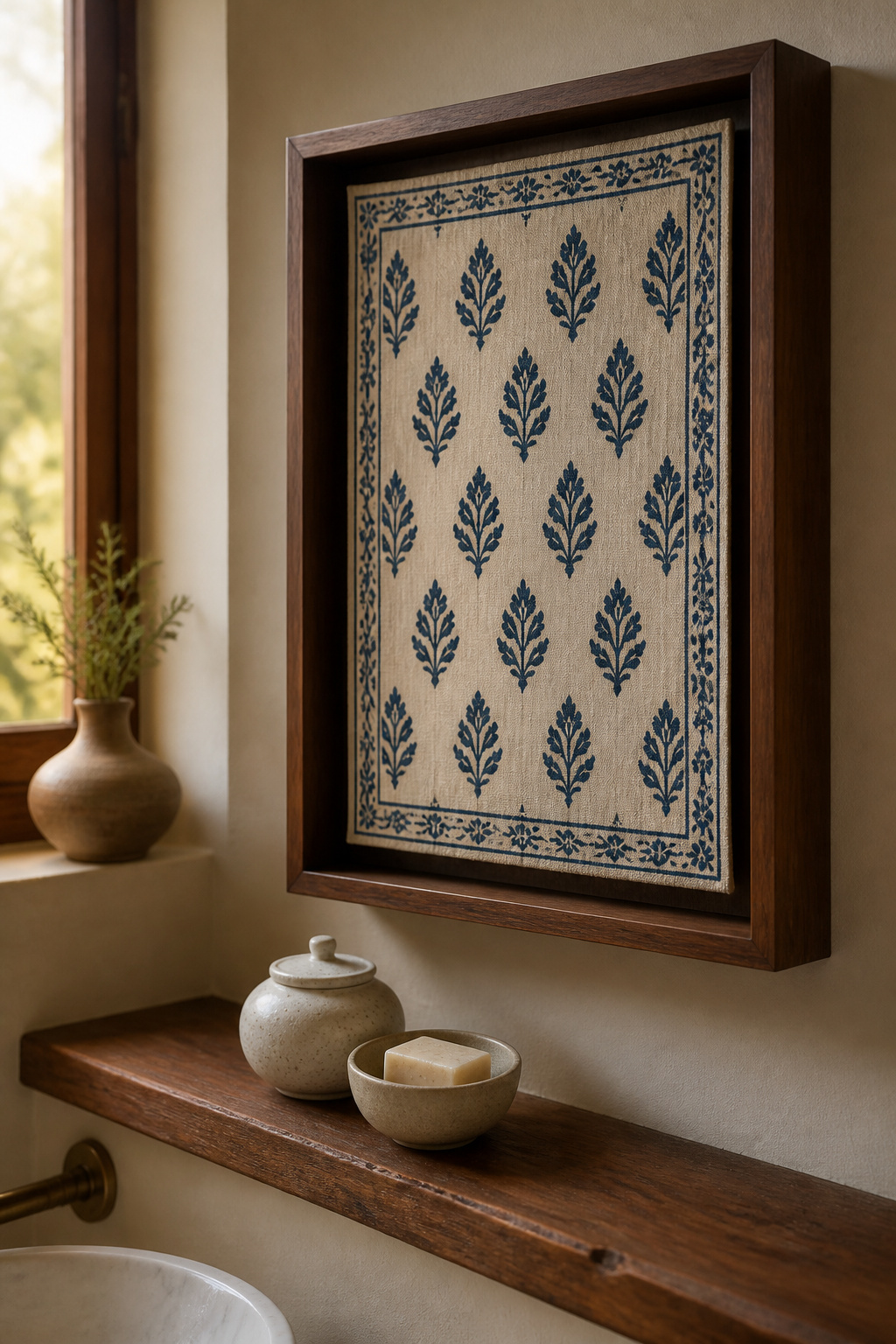 Framed Indian block-print fabric in a deep shadow-box mount — the cultural depth and textile warmth of this approach to bathroom art ideas is something no print on paper can replicate.