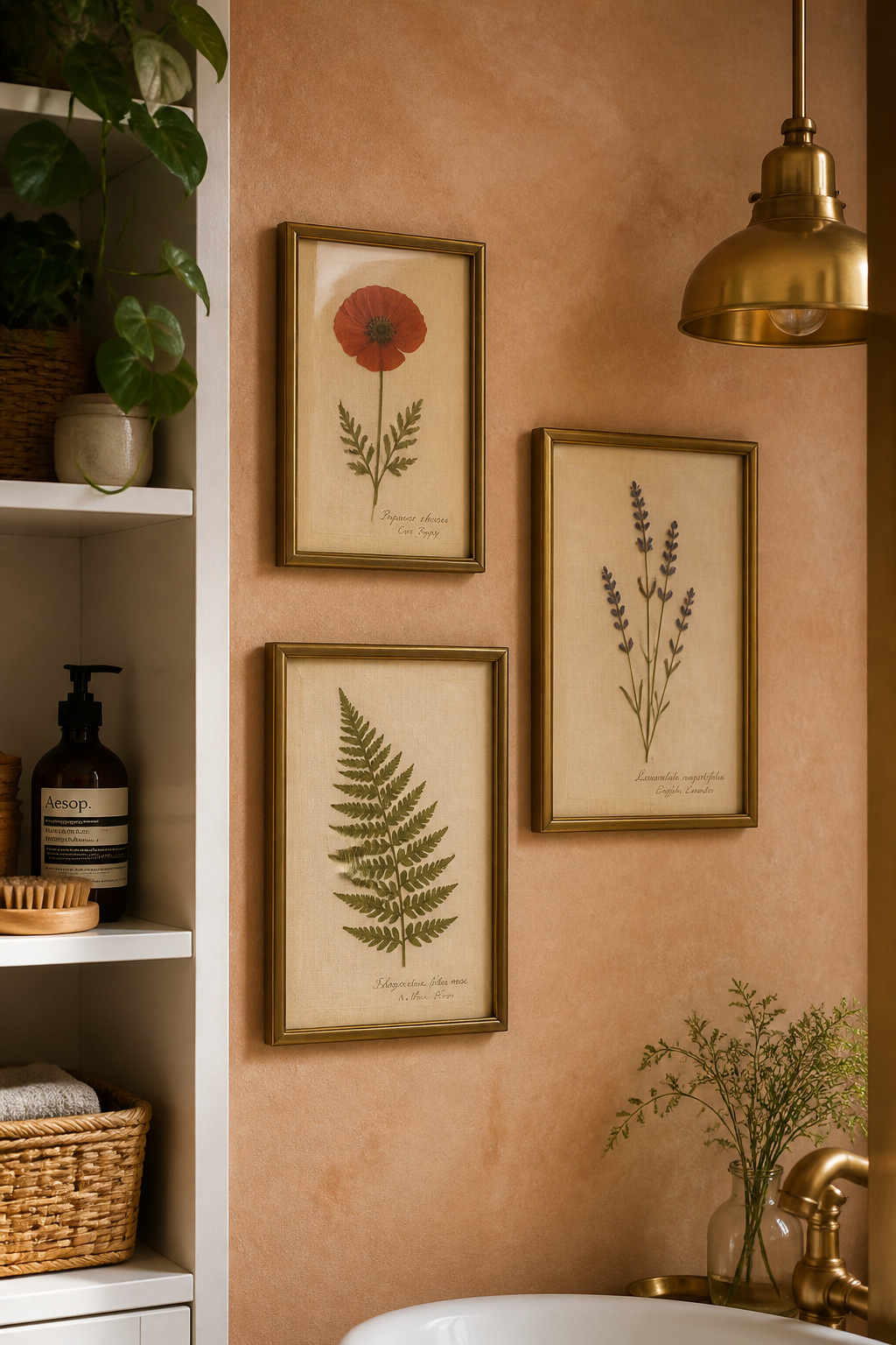 Pressed botanicals in UV-sealed frames arranged in a loose triangle — this bathroom art idea rewards patience in sourcing and lasts for years in properly sealed frames.