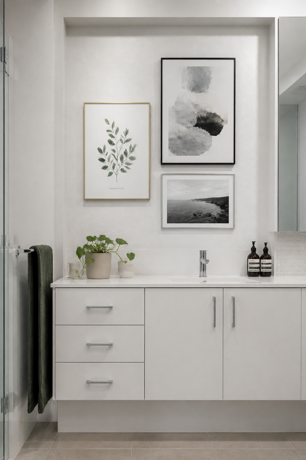 Three affordable prints upgraded by quality frames — the most effective of all budget bathroom art ideas is simple to execute and dramatically changes the room.