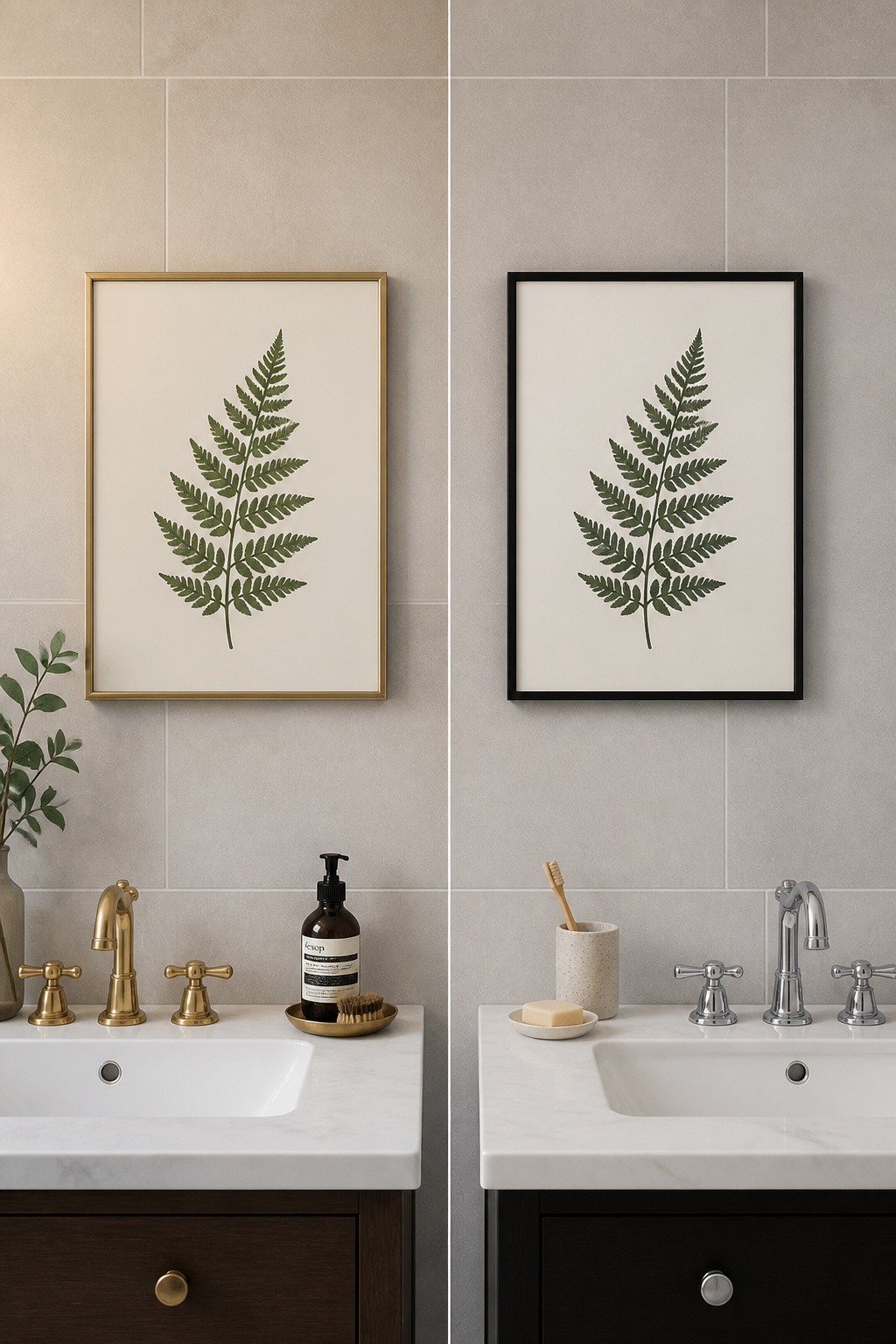 The frame finish changes everything — the same botanical print reads as warm and collected in brass, and as clean and contemporary in matte black.