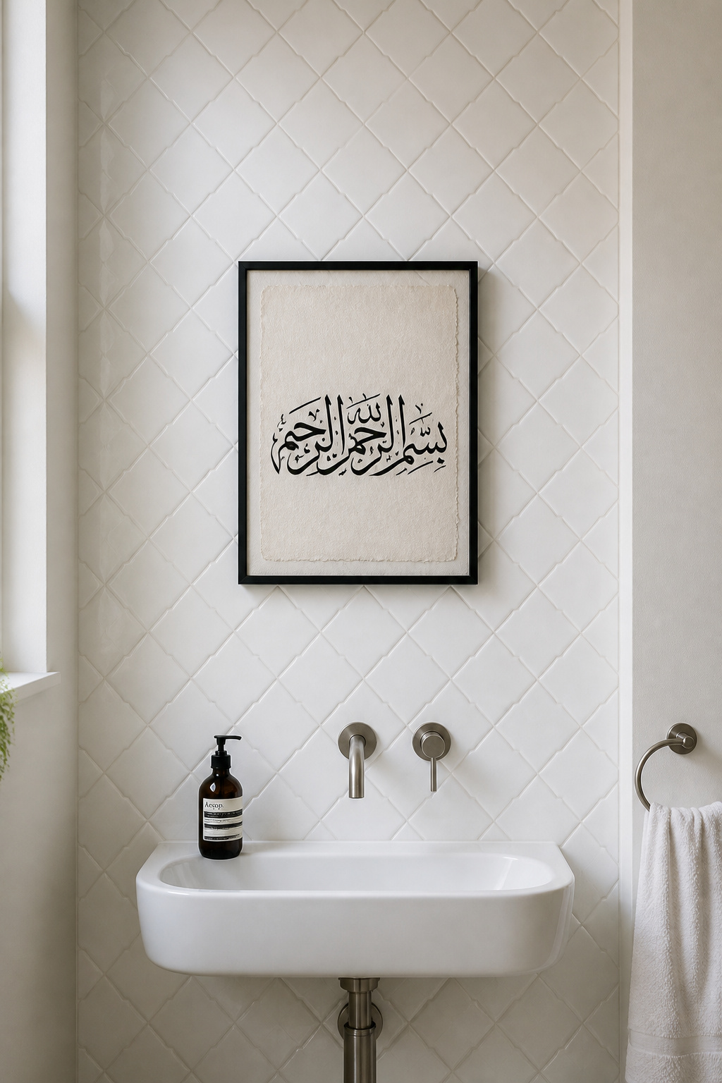 Arabic calligraphy in classical Thuluth script — when calligraphy traditions with centuries of history are used as bathroom art ideas, the result is art in the fullest sense of the word.