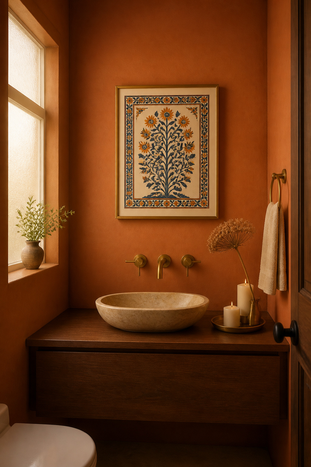 A single indigo and saffron block-print textile against a terracotta wall — bathroom wall art inspired by monsoon colour palettes transforms a neutral bathroom into something warm and enveloping.