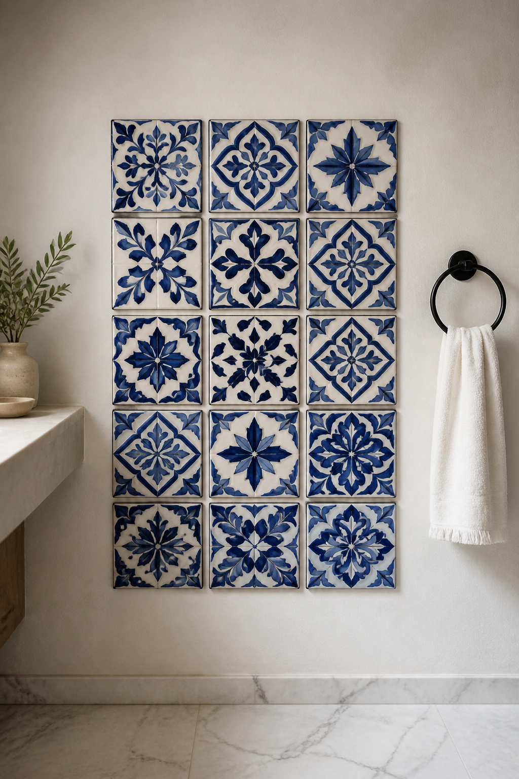 A grid of hand-painted ceramic tiles installed as a wall mosaic — as bathroom art ideas go, this is among the most permanent and most architectural.