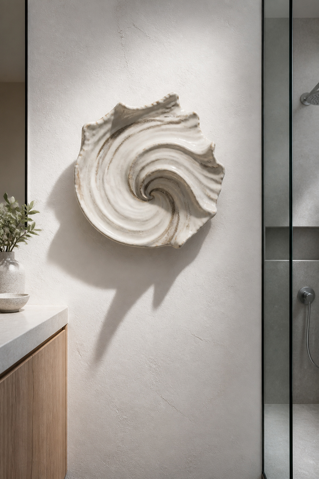 A single organic ceramic wall sculpture — sculptural bathroom art ideas create depth and light-play that no flat print can achieve, and glazed ceramic is naturally suited to humid environments.