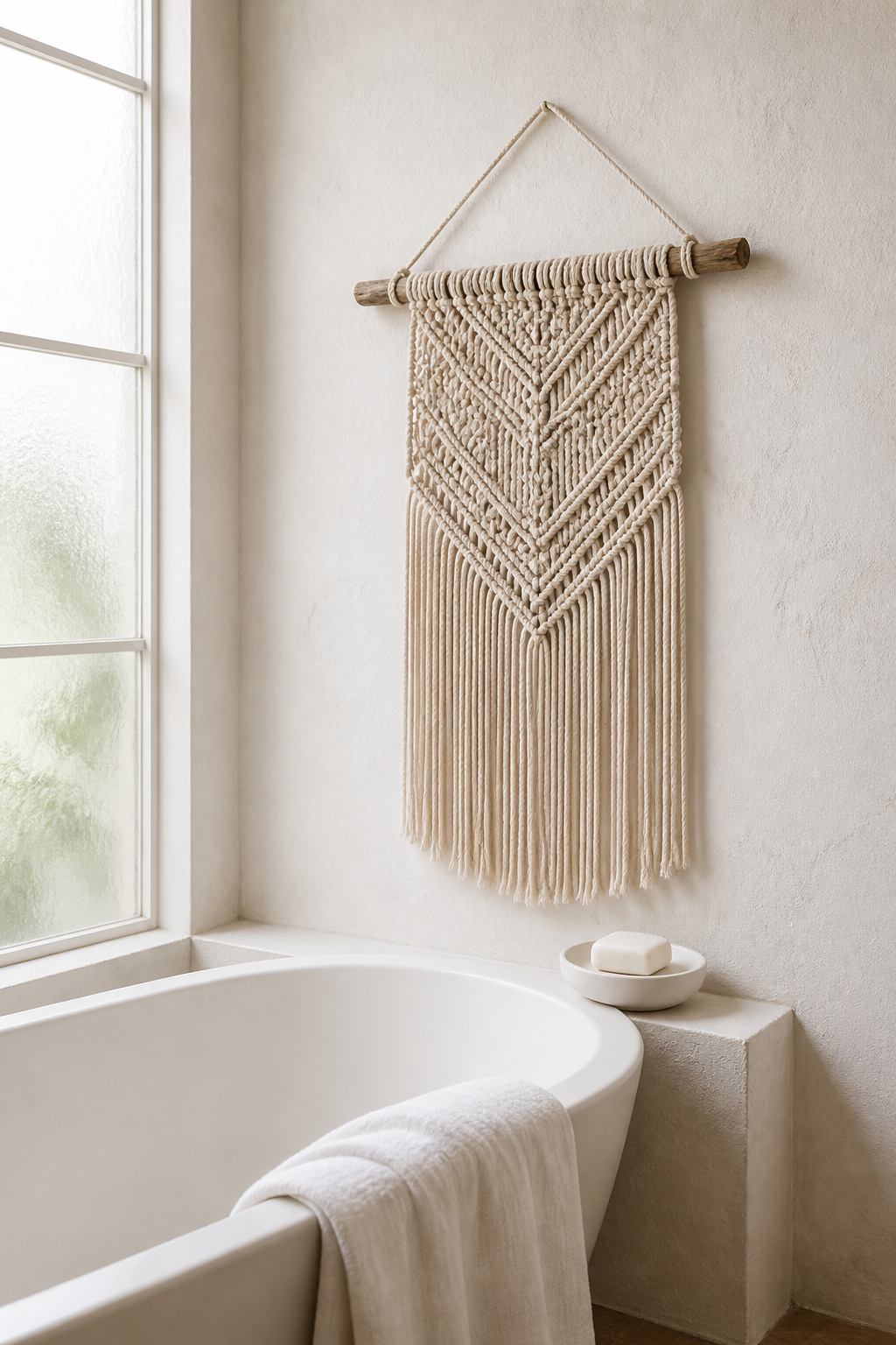 A cotton macramé wall hanging above a freestanding bath — the texture and warmth of woven bathroom art ideas are irreplaceable in rooms dominated by hard, cold surfaces.