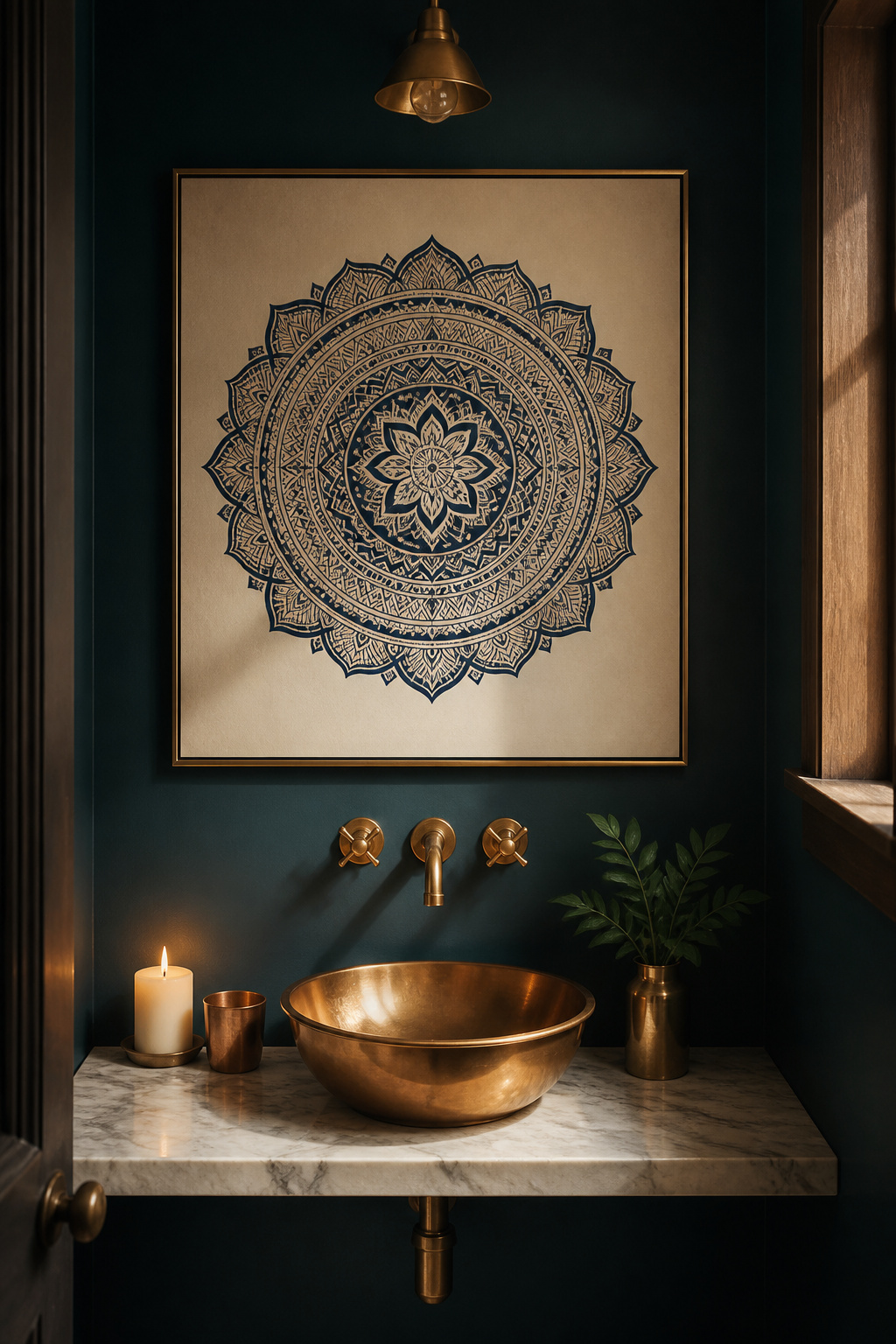 A single large mandala print centred above a brass basin — this bathroom art idea uses radial symmetry to give the eye a place to rest in a small room.