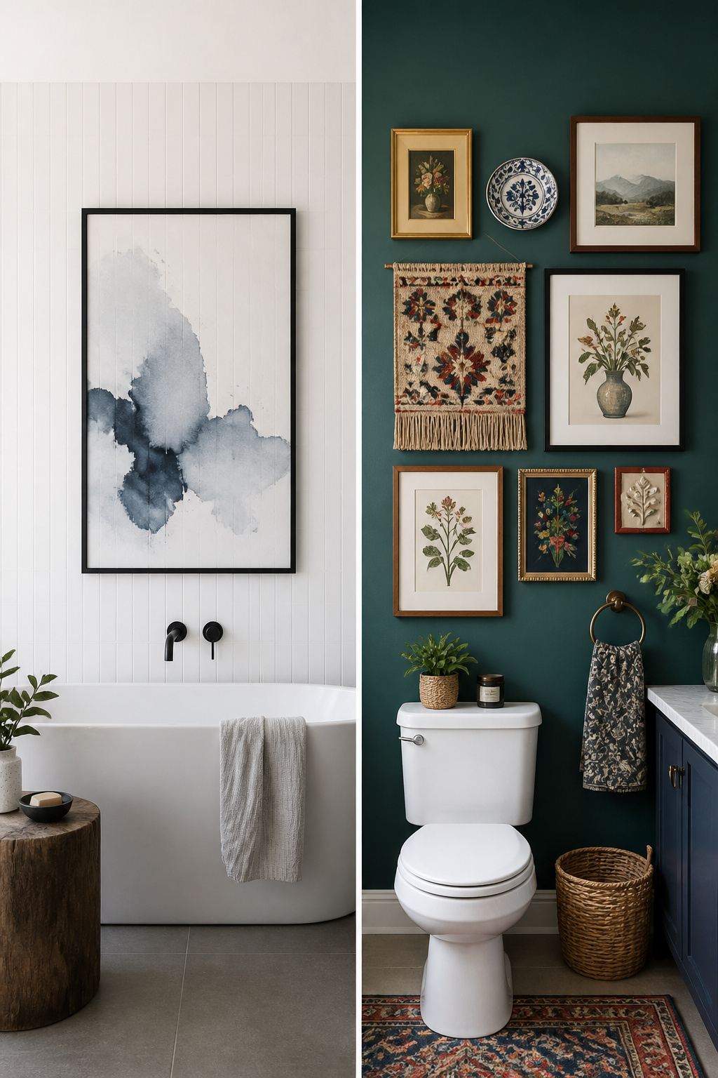 Minimalist (left) vs. maximalist (right) — understanding which approach your bathroom needs is the most useful framing for any collection of bathroom art ideas.