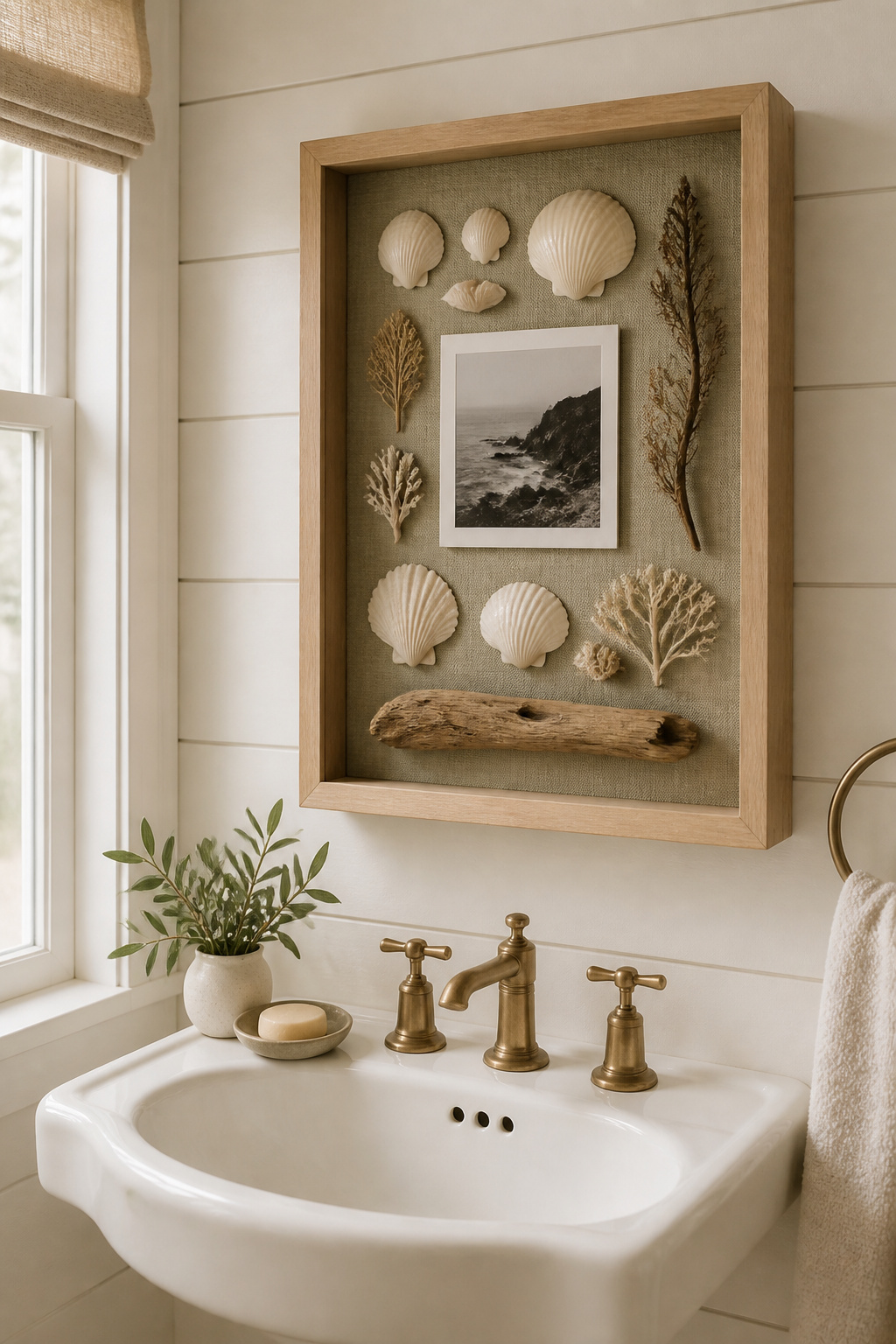A coastal shadow box with shells, driftwood, and photography — this bathroom art idea is the most personal in the collection and the most rewarding when executed with a genuine story in mind.