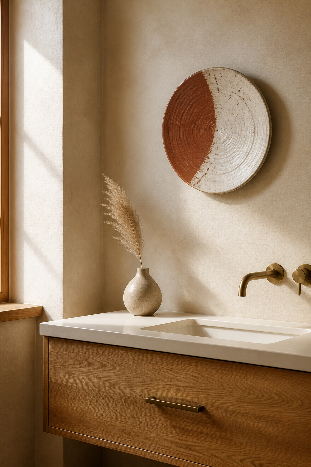 A single hand-thrown ceramic wall piece from a local maker — the most personal of all bathroom art ideas and the one that rewards the most when you find the right piece.
