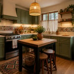 A compact kitchen transformed entirely through budget-friendly updates — painted cabinets, artisan tile accents, rattan pendant, and handmade styling objects — showing what a kitchen renovation on a budget looks like when done with intention.
