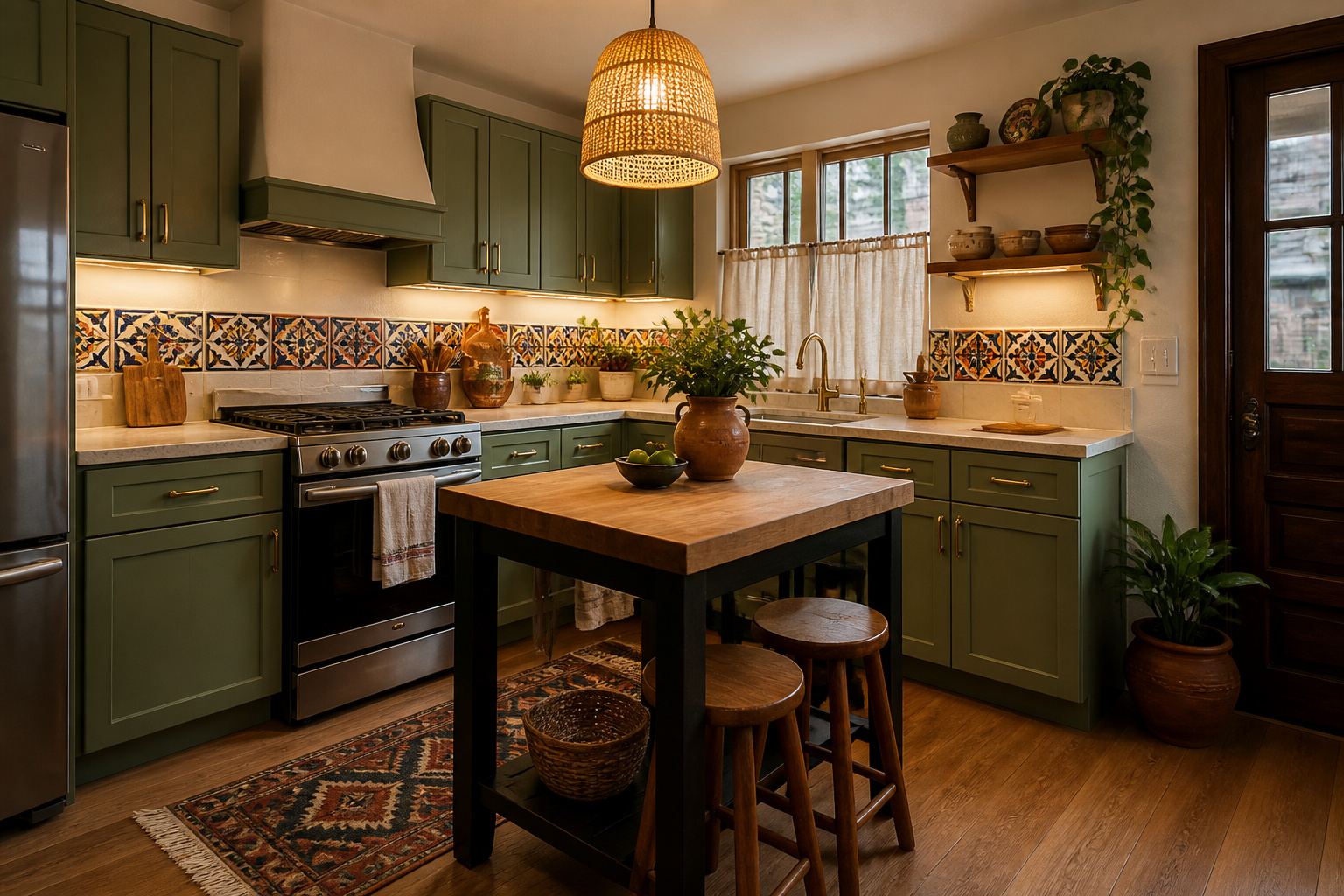 A compact kitchen transformed entirely through budget-friendly updates — painted cabinets, artisan tile accents, rattan pendant, and handmade styling objects — showing what a kitchen renovation on a budget looks like when done with intention.