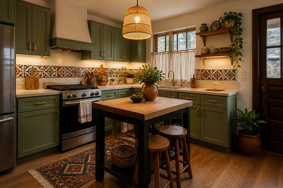 A compact kitchen transformed entirely through budget-friendly updates — painted cabinets, artisan tile accents, rattan pendant, and handmade styling objects — showing what a kitchen renovation on a budget looks like when done with intention.