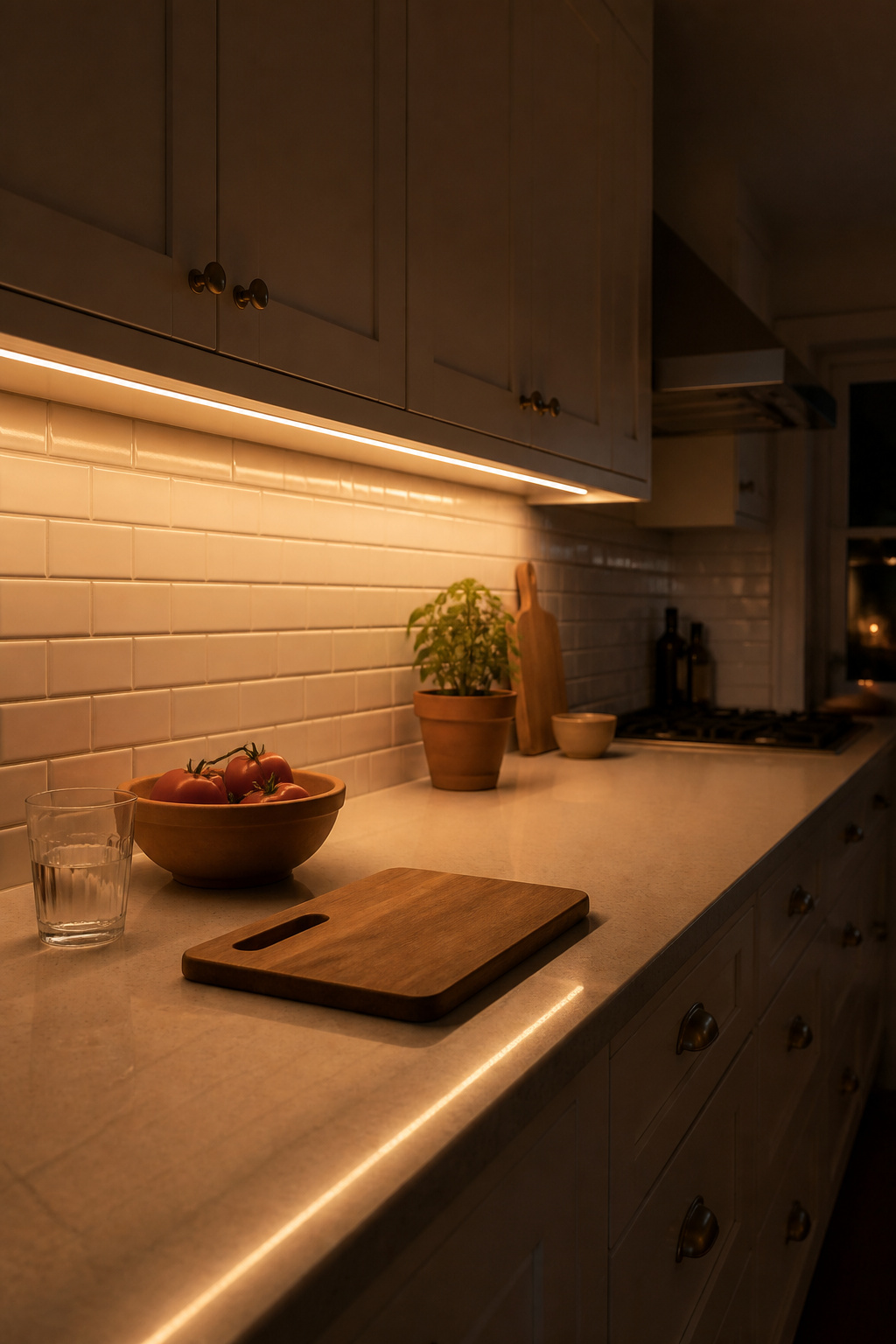 Plug-in LED strips under the upper cabinets transform how this kitchen feels after dark — $28 in materials, fifteen minutes to install.