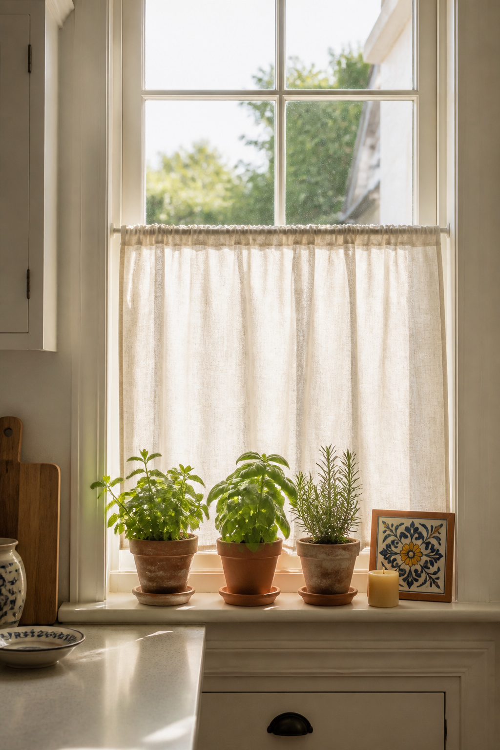Simple linen café curtains and a windowsill herb display transform a builder-grade kitchen window into the warmest corner of the room — total cost $45.