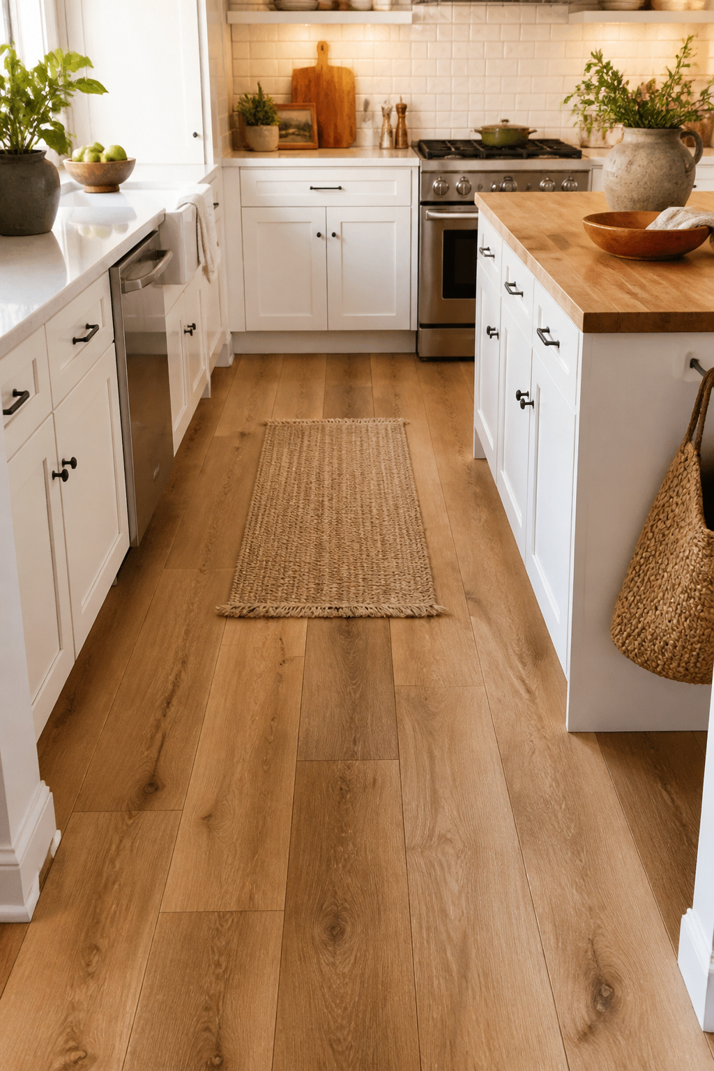 Wide-plank peel-and-stick vinyl in a warm oak finish transforms this compact kitchen floor over a weekend — $1.80 per square foot, no contractor needed.
