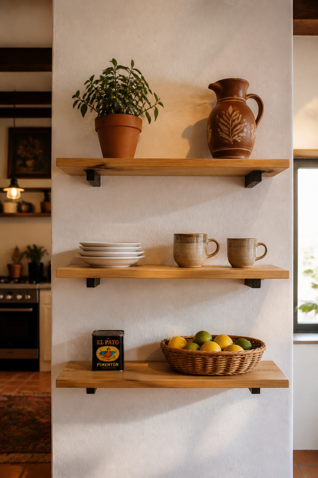 Three floating pine shelves replace upper cabinet doors and open the kitchen — $325 in total materials, styled with items already owned.