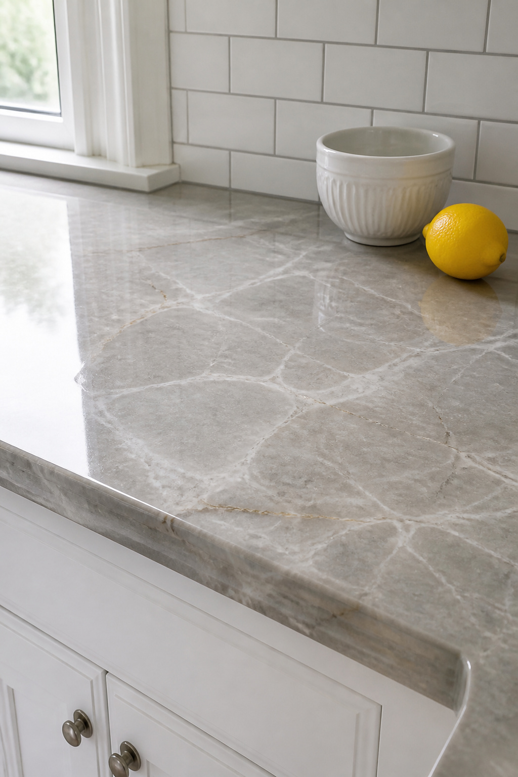 A DIY epoxy kit transforms this outdated laminate counter into a convincing marble-look surface for $180 in materials — one of the highest-impact moves in a budget kitchen renovation.