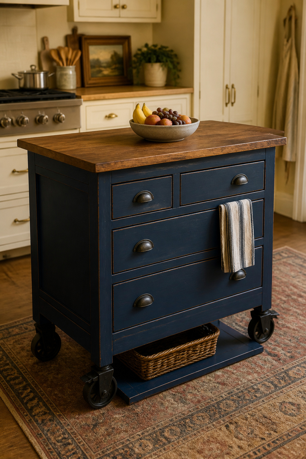 A $60 thrift-store dresser on locking casters, painted navy and topped with butcher block, becomes the most characterful piece in this kitchen for under $280 total.