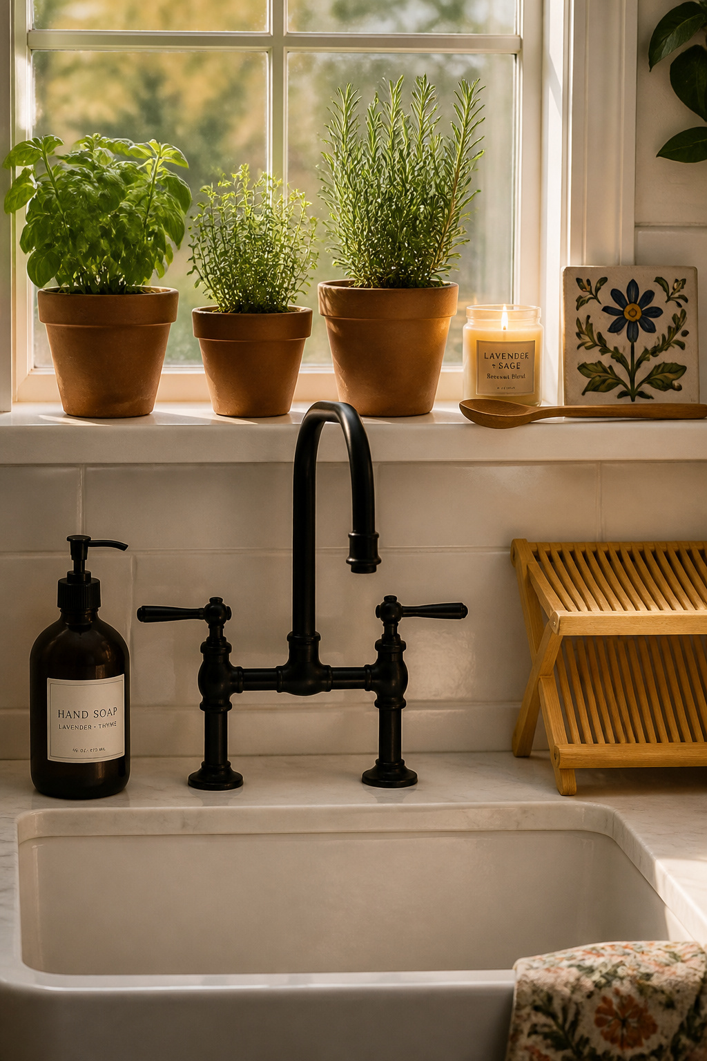 A matte black faucet, matched ceramic accessories, and a windowsill herb garden transform the most-used corner of the kitchen for under $120 total.