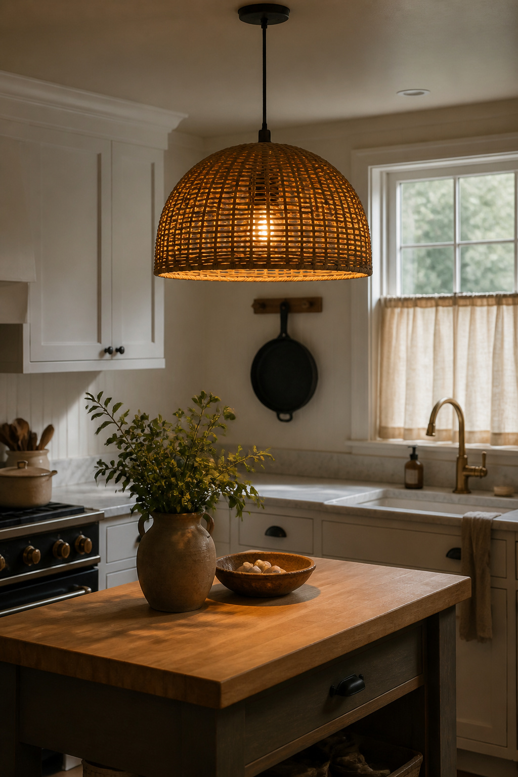 A handwoven rattan pendant replaces a builder-grade flush mount above this compact island — a $65 fixture that changes how the whole kitchen feels after dark.