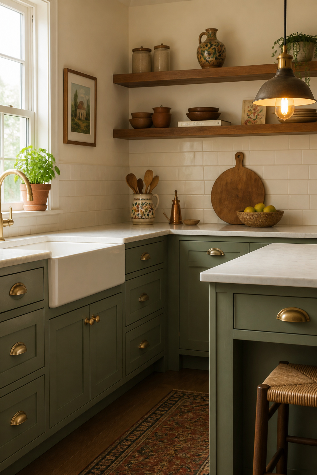 Freshly painted sage-green cabinets with aged brass hardware transform this compact kitchen for under $500 — one of the most rewarding projects in a kitchen renovation on a budget.