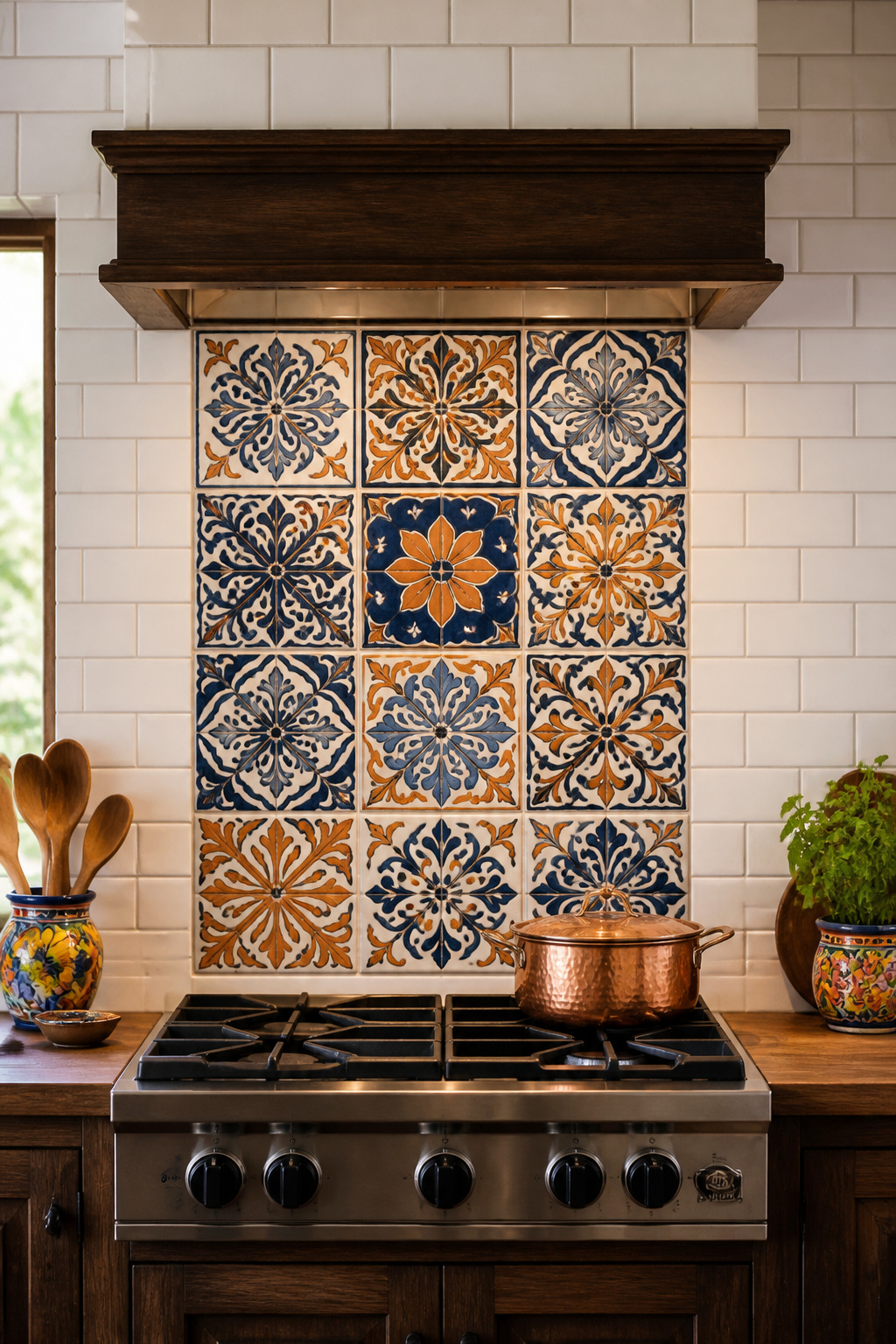 Twelve hand-painted Talavera tiles frame this range hood surround and create an artisan focal point that defines the entire kitchen — total tile cost under $80.