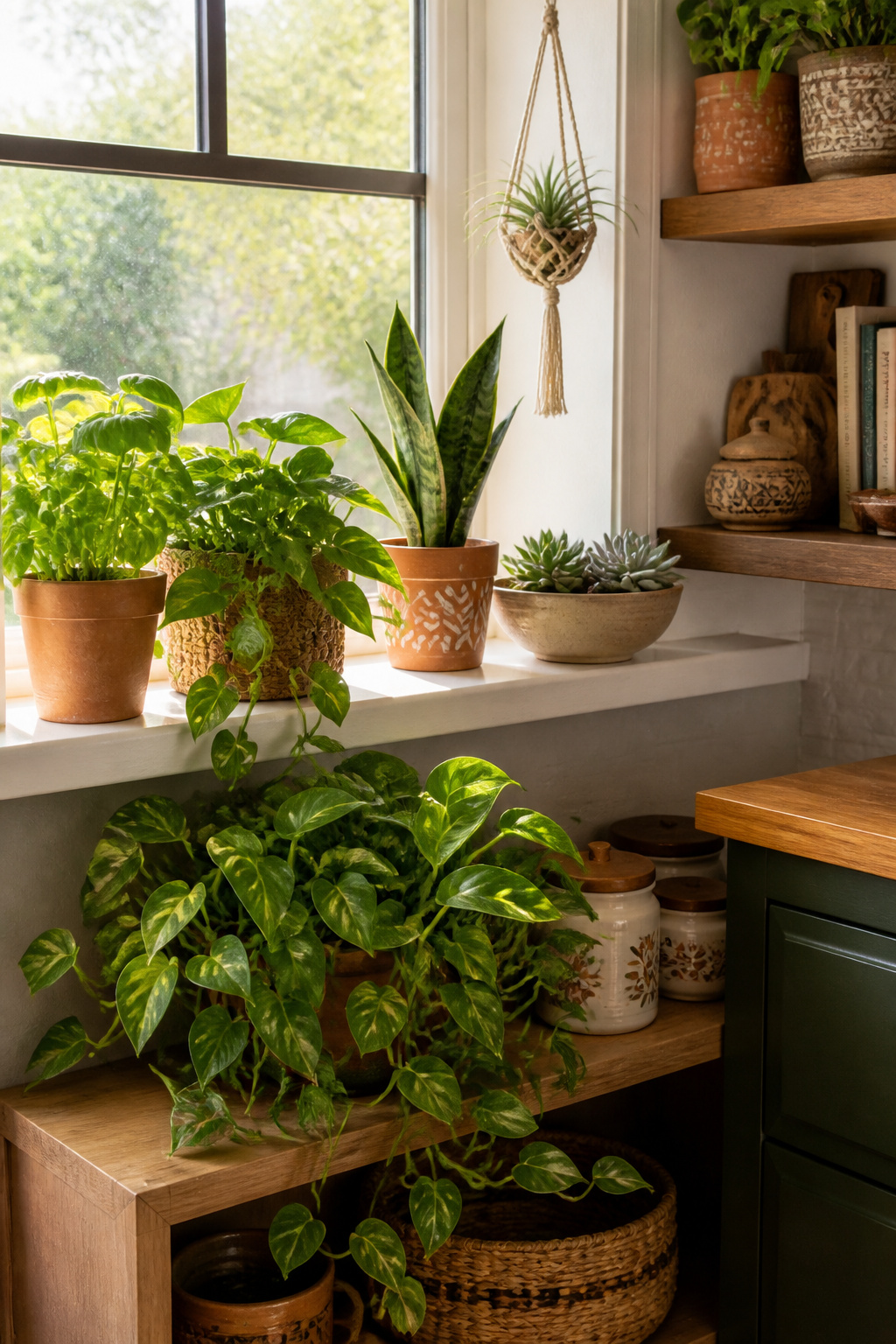 A collection of pothos, herbs, and snake plants in terracotta pots fills this kitchen corner with life — total investment under $40, or free from a plant swap.