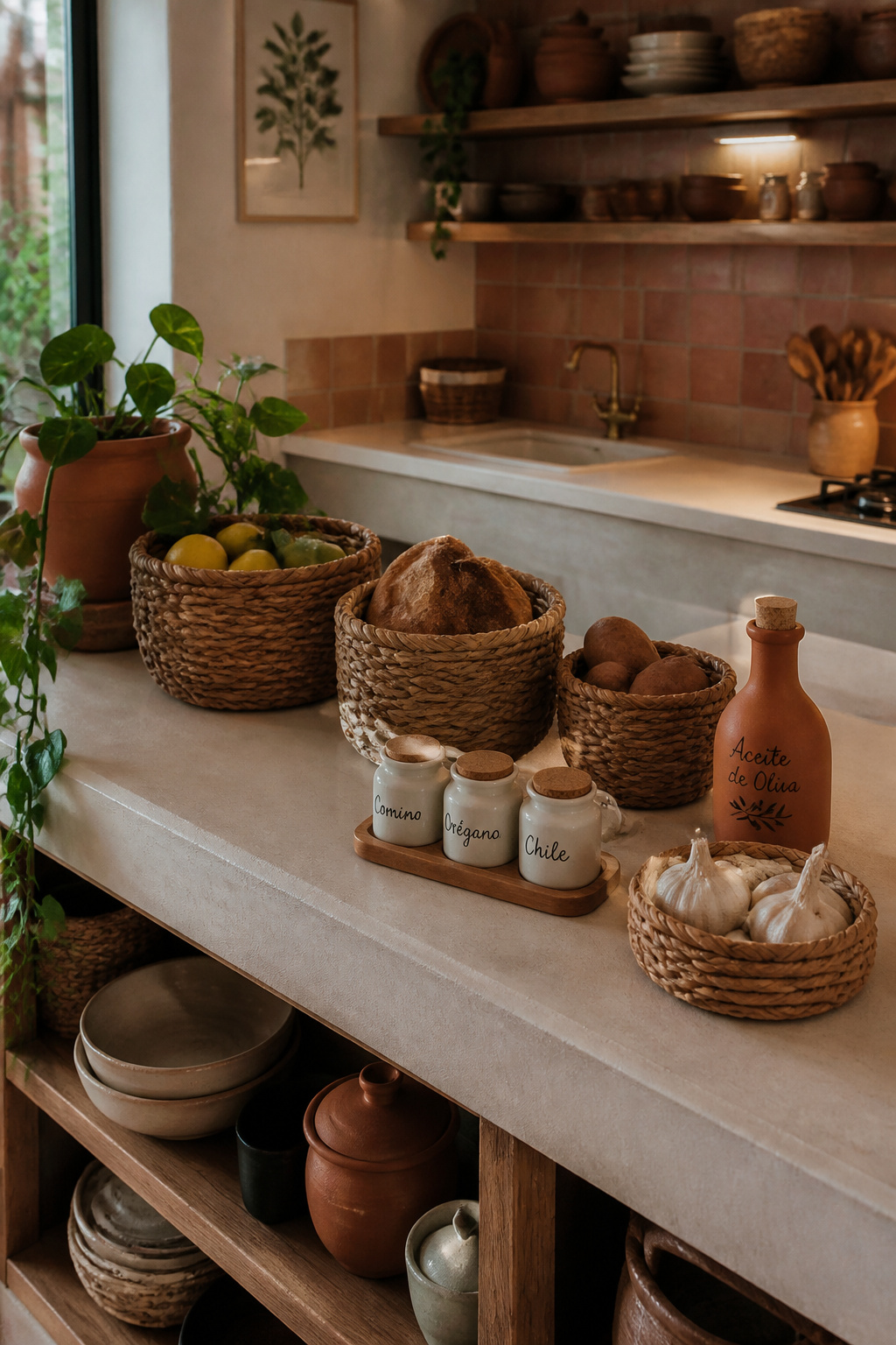 Woven seagrass baskets, hand-thrown ceramic canisters, and a trailing pothos organise this kitchen counter artfully — a total styling investment of under $80.