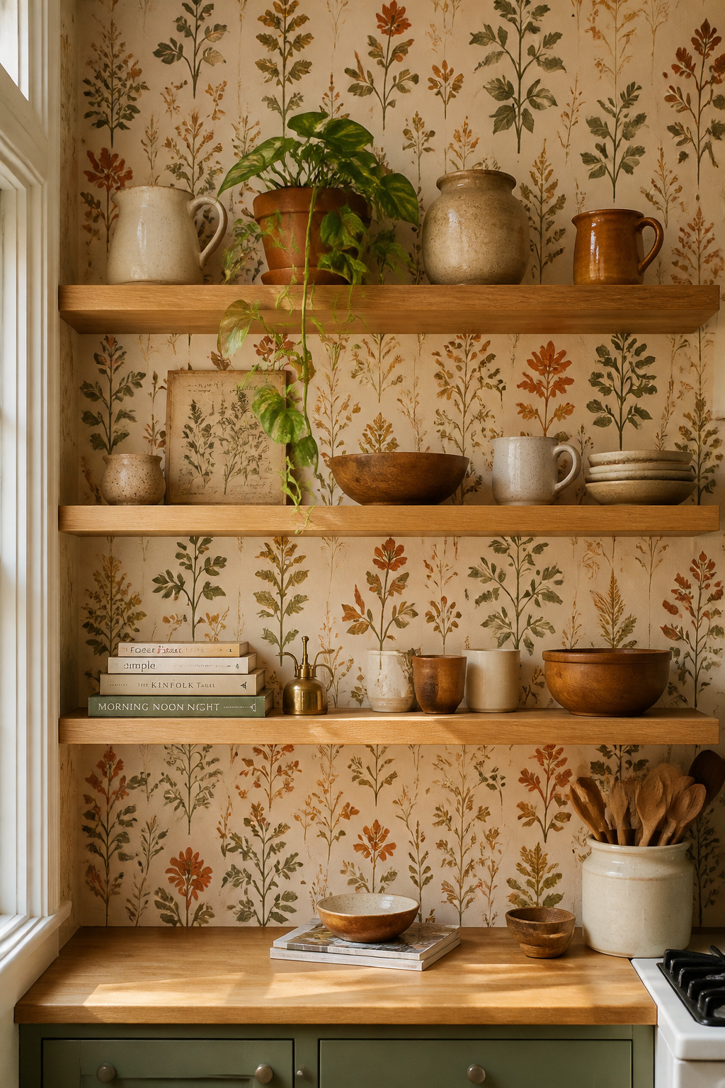 Warm botanical peel-and-stick wallpaper behind floating open shelves creates a full design moment in this kitchen for under $90 in materials — entirely removable.