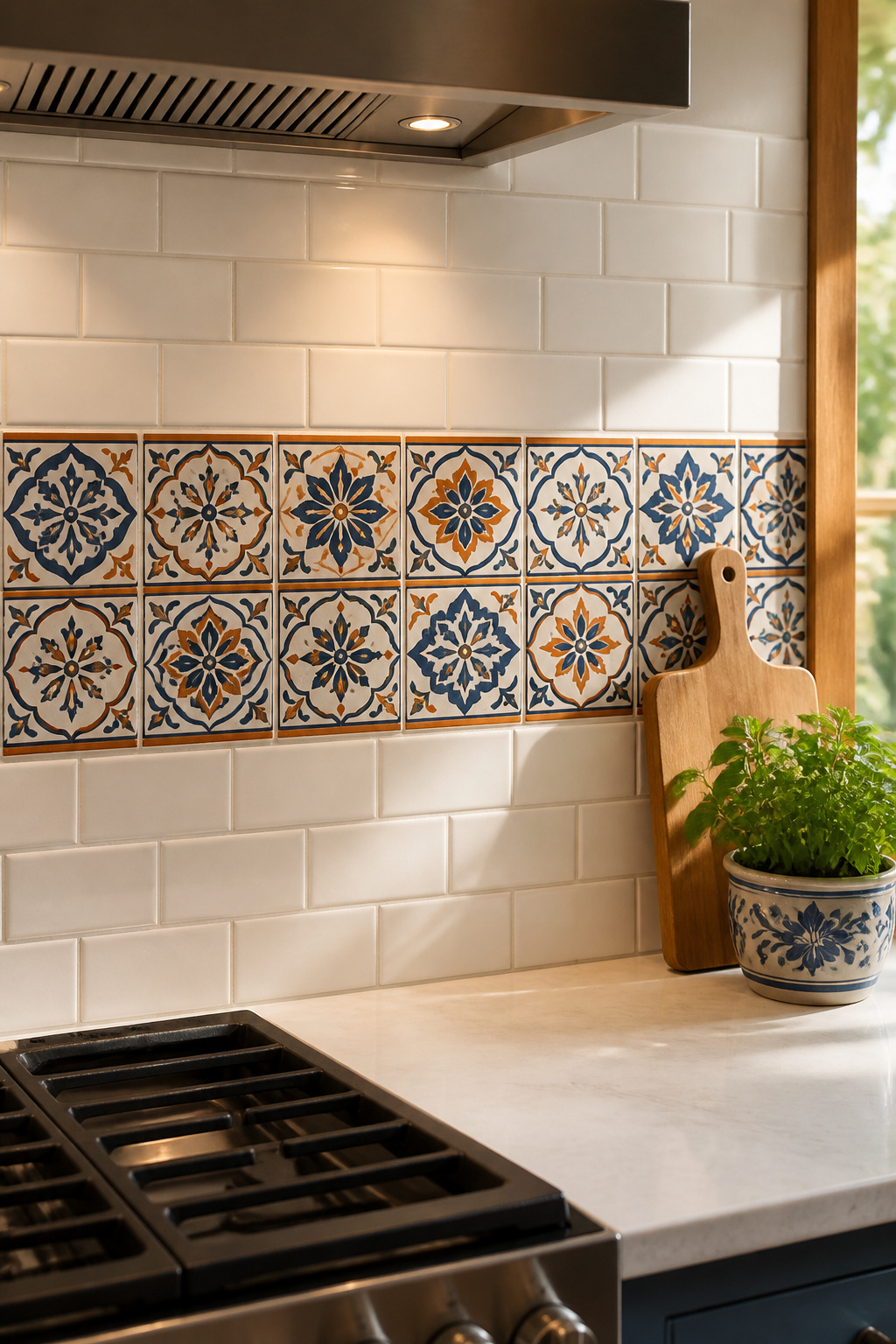 A single row of hand-painted Talavera tiles used as an accent strip transforms a basic white subway tile backsplash into an artisan statement for under $150.