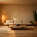 A complete Japanese-influenced simple living room: low sofa, wood table, one plant, layered warm light, and enough empty space for the room to breathe — this is what intentional, enduring simple living room decor looks like.