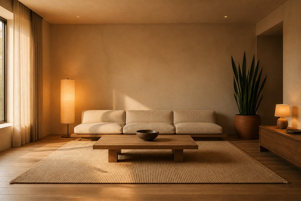 A complete Japanese-influenced simple living room: low sofa, wood table, one plant, layered warm light, and enough empty space for the room to breathe — this is what intentional, enduring simple living room decor looks like.
