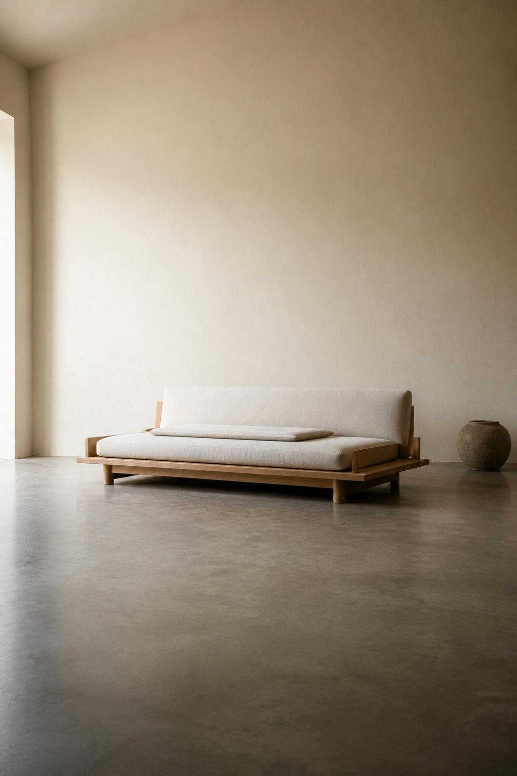 A living room built on the Japanese principle of ma — where the empty space beside a single linen sofa carries as much design intention as the furniture itself.