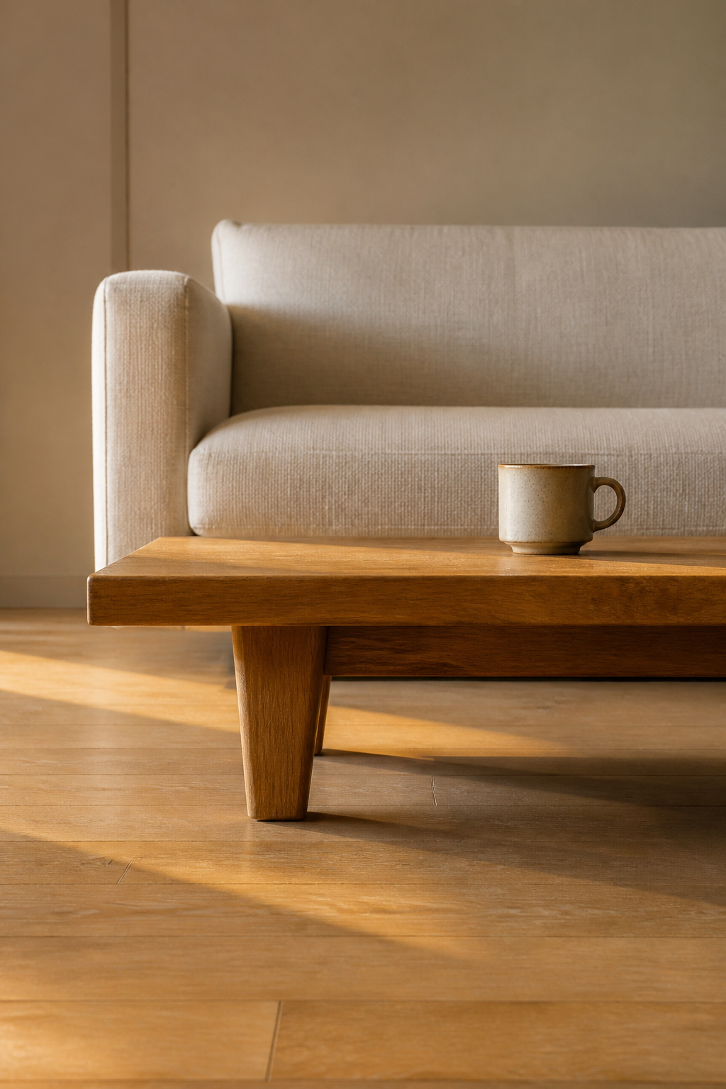 A low oak coffee table at 17 inches — seen at floor level — shows how the horizontal emphasis created by Japanese-influenced furniture lowers a room's visual centre of gravity and induces calm.