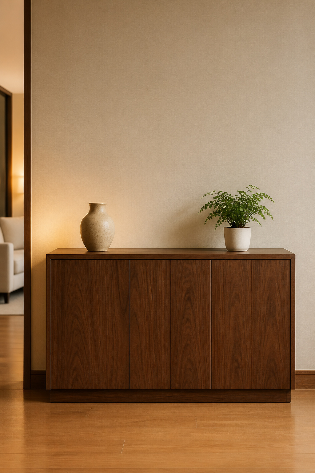A flush-door console with invisible cables — the surface holds one ceramic and one plant, and everything else is behind closed doors: hidden storage as the foundation of simple living room decor.