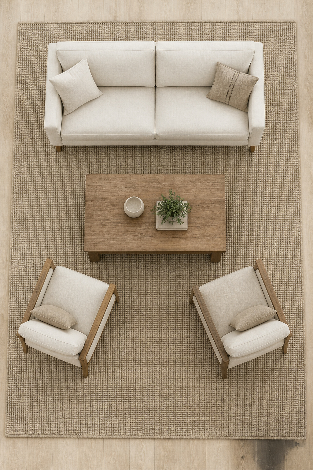 A correctly sized 9x12 wool rug with front legs of sofa and chairs on — the placement decision that transforms a furniture arrangement into a unified room.