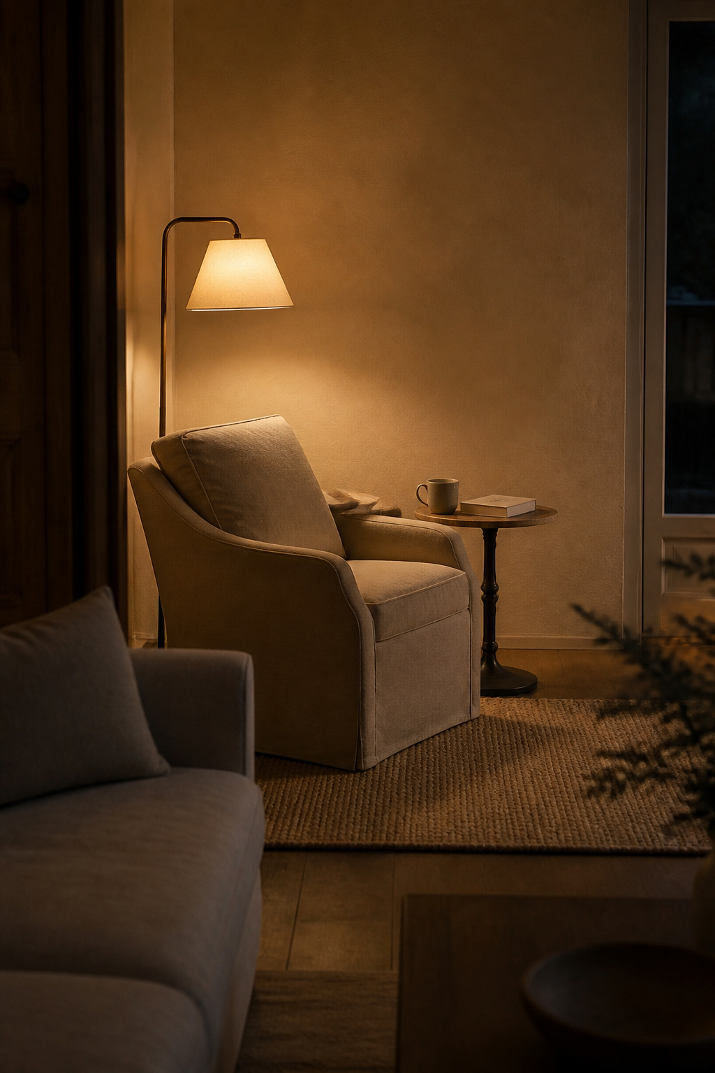 A single armchair, floor lamp, and side table angled away from the main seating — the stillness corner that gives a living room a place for quiet without leaving the room.