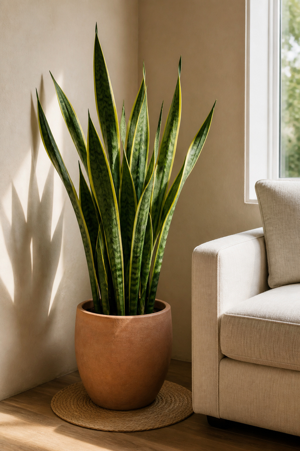 A single large snake plant in unglazed terracotta, positioned beside an armchair — one plant as sculpture, commanding a corner without a single other ornament.