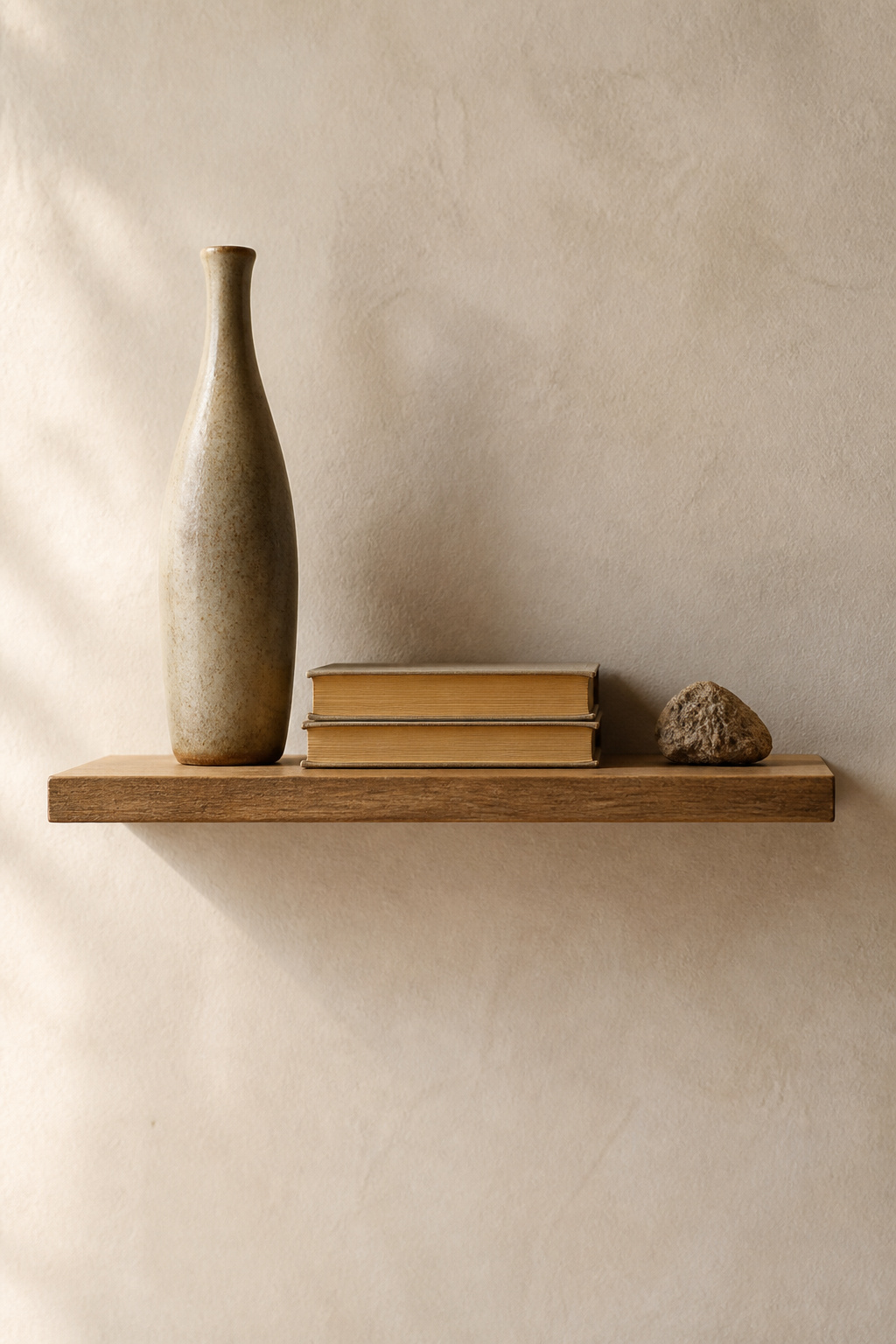 Three objects — tall ceramic, book stack, small stone — on a floating shelf framed by generous bare wall: the tokonoma principle applied to modern simple decor.