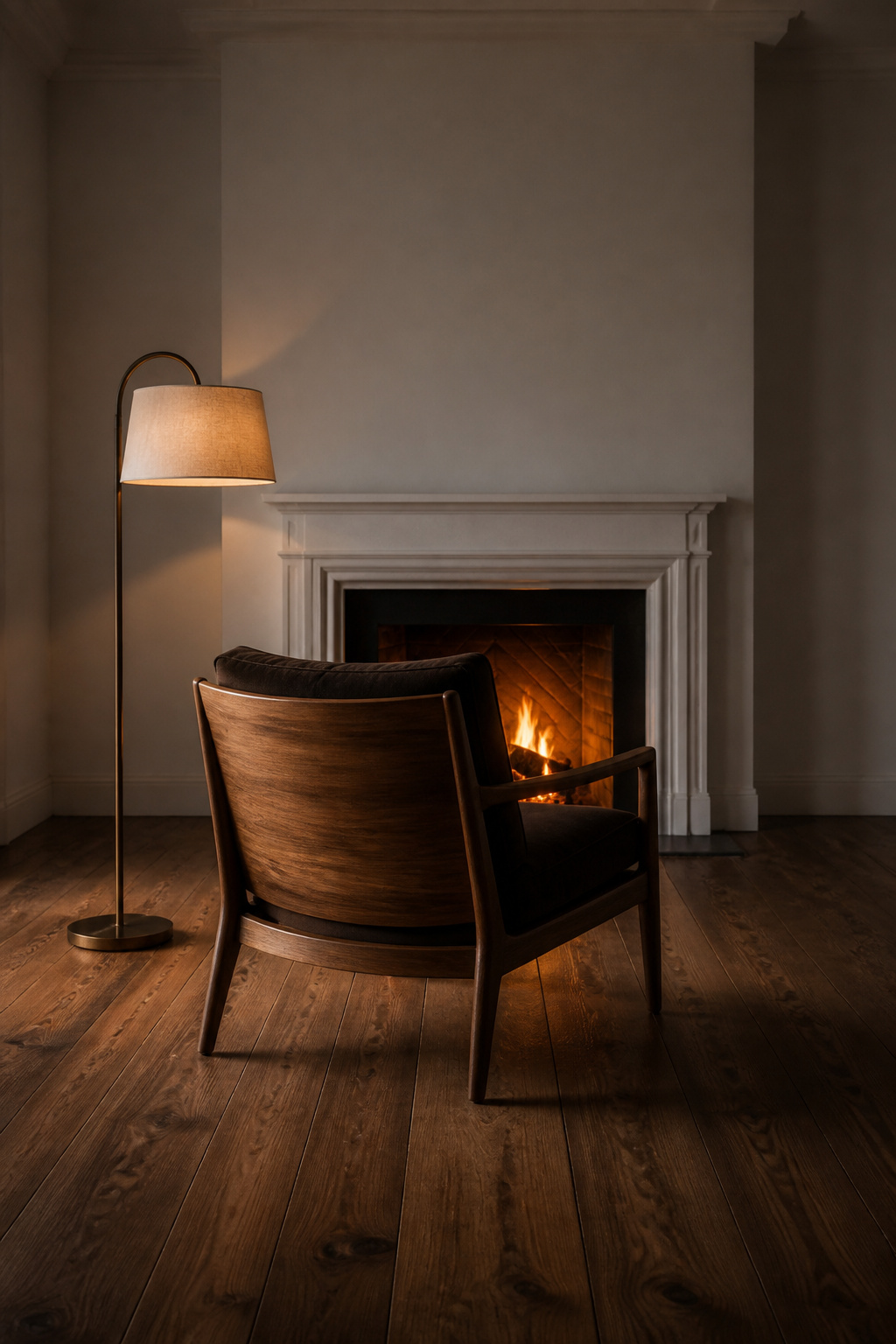 A single walnut armchair facing a simple fireplace demonstrates kanso — the Zen principle of allowing one well-chosen piece to anchor the entire room.