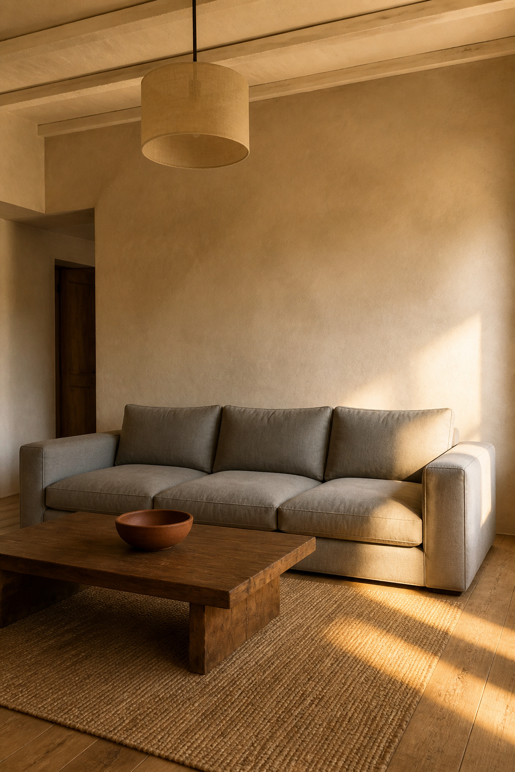 Warm neutral tones — creamy beige walls, grey linen, a terracotta bowl — demonstrate the 60-30-10 palette in a room that breathes with changing light.