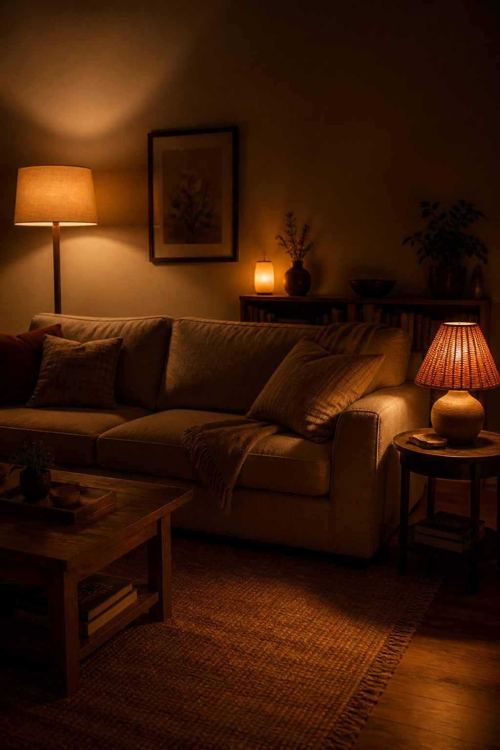 Three warm sources at 2700K — floor lamp, table lamp, accent lamp — replace the overhead entirely and create the evening atmosphere that defines a calm living room.