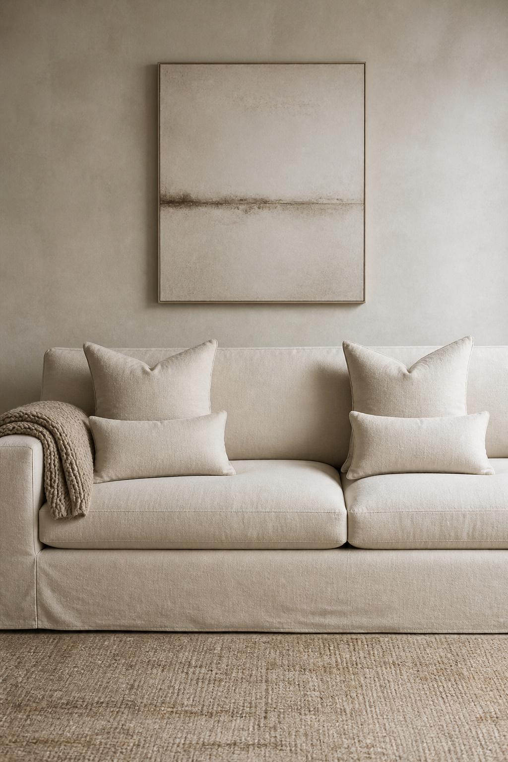 Four linen cushions positioned at each sofa end with one wool throw folded neatly over the arm — the minimal sofa arrangement where restraint is the design.